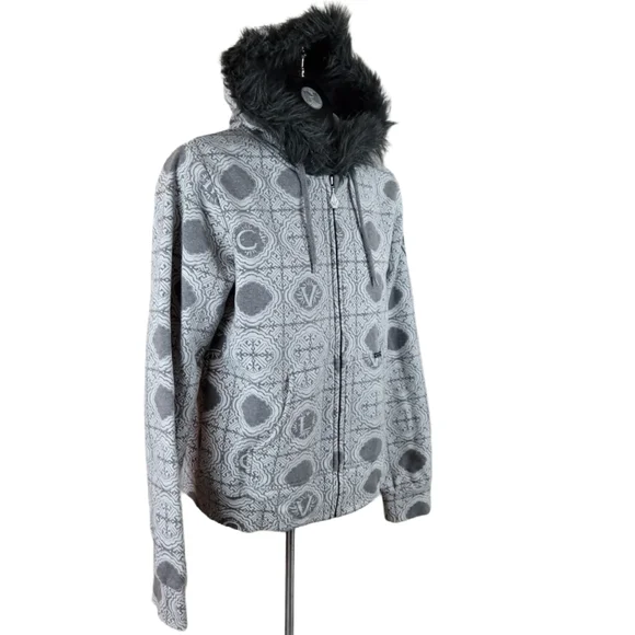 VOLCOM Hoodie Grey Zip Up Faux Fur Size Large - Picture 2 of 10